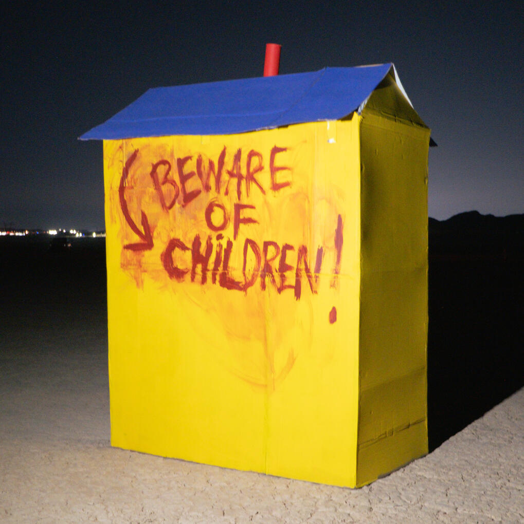 Birthplace, 2025, cardboard, paper mache, house paint, spray paint, 6 ft. x 4 ft. x 7 feet. Photograph by Jon Sarte