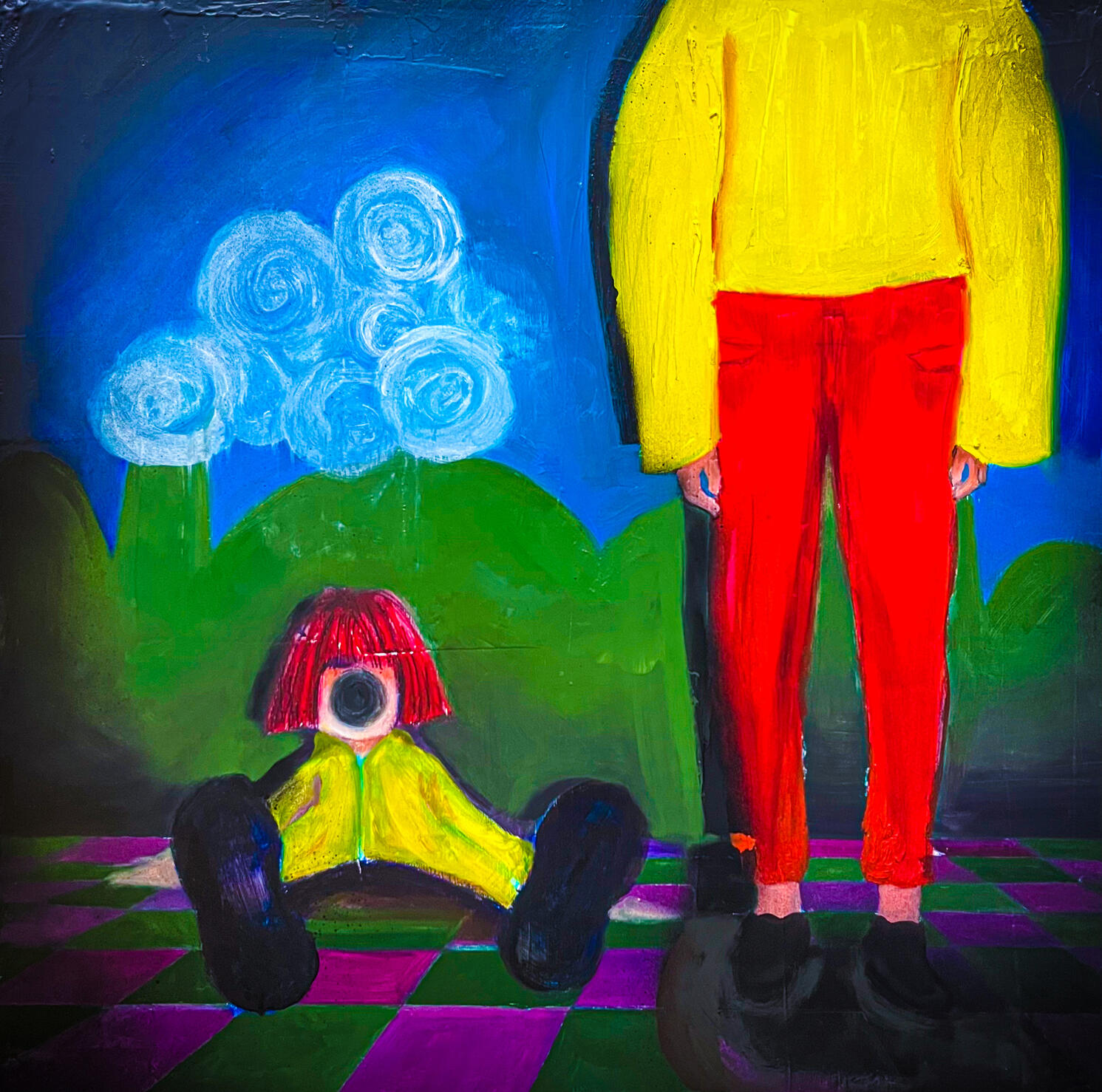 Ascendant, 2025, gel crayon, oil paint, spray paint on wood, 24 x 24 inches