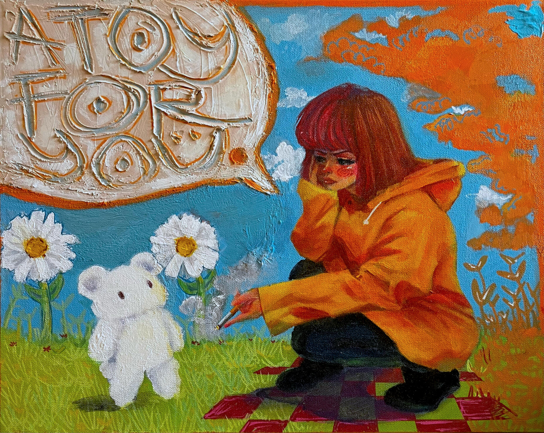 A Dangerous Toy Indeed!, 2026, acrylic, modeling paste, marker on canvas, 16 x 20 inches