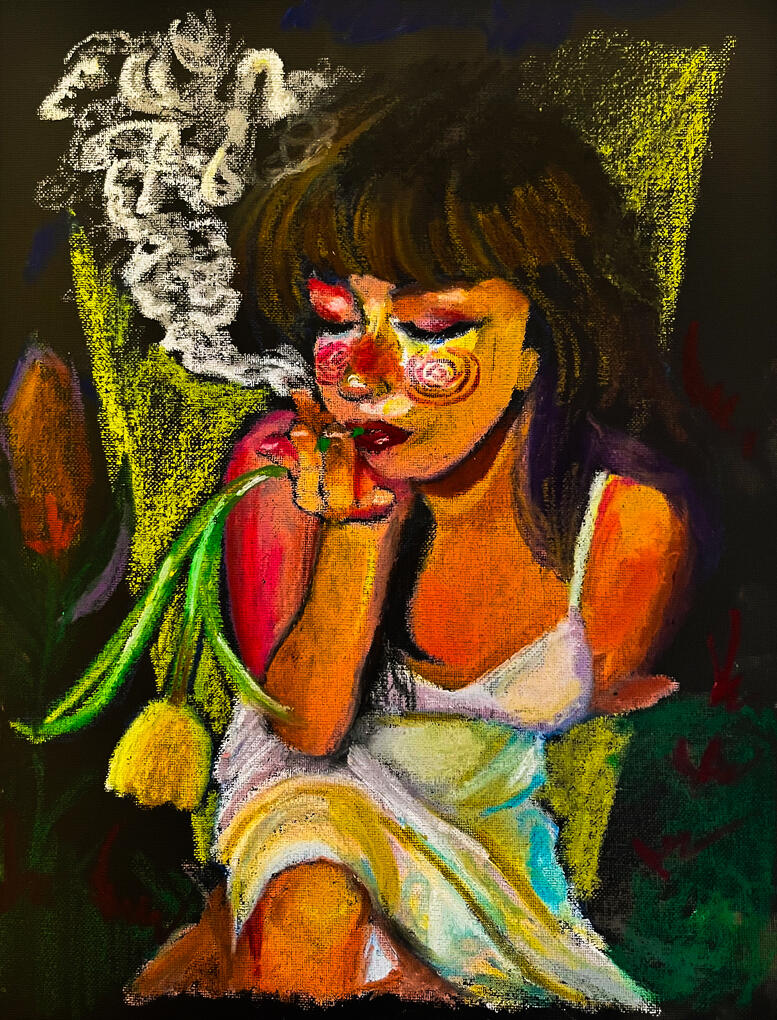 Karma's Daughter, 2025, oil pastel on canvas, 16 x 11 inches